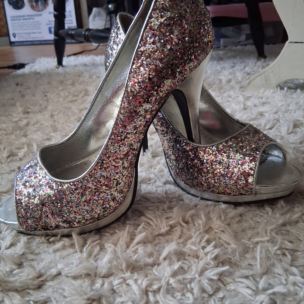 Rampage Multicolor Glitter Peep-Toe Heels